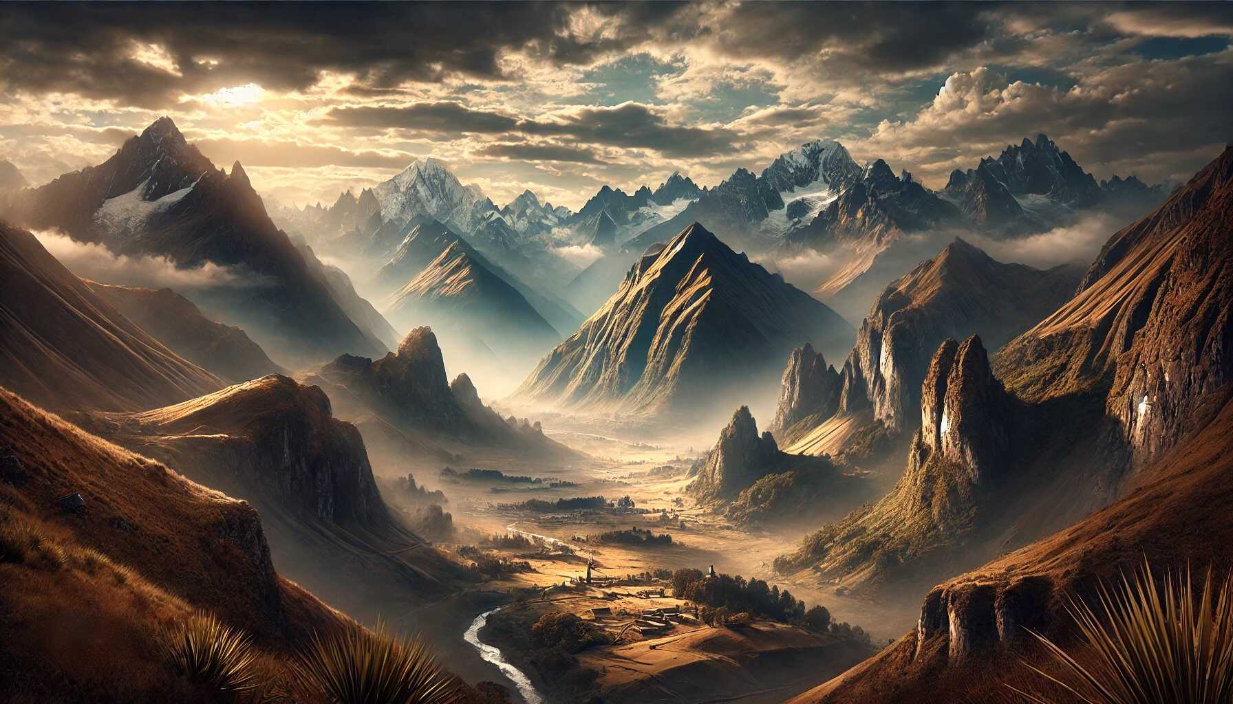 Realistic scenery image blending elements from a random place in World of Warcraft with a random place in Peru, inspired by the book 'World of Warcraft: Wolfheart.' The image showcases the mystical and epic atmosphere of Warcraft alongside the rugged, natural beauty of a Peruvian landscape. Keywords: image generation, realistic scenery, fantasy landscape, World of Warcraft, Peruvian landscape. Generated by Generative AI Lab - https://generativeailab.org.