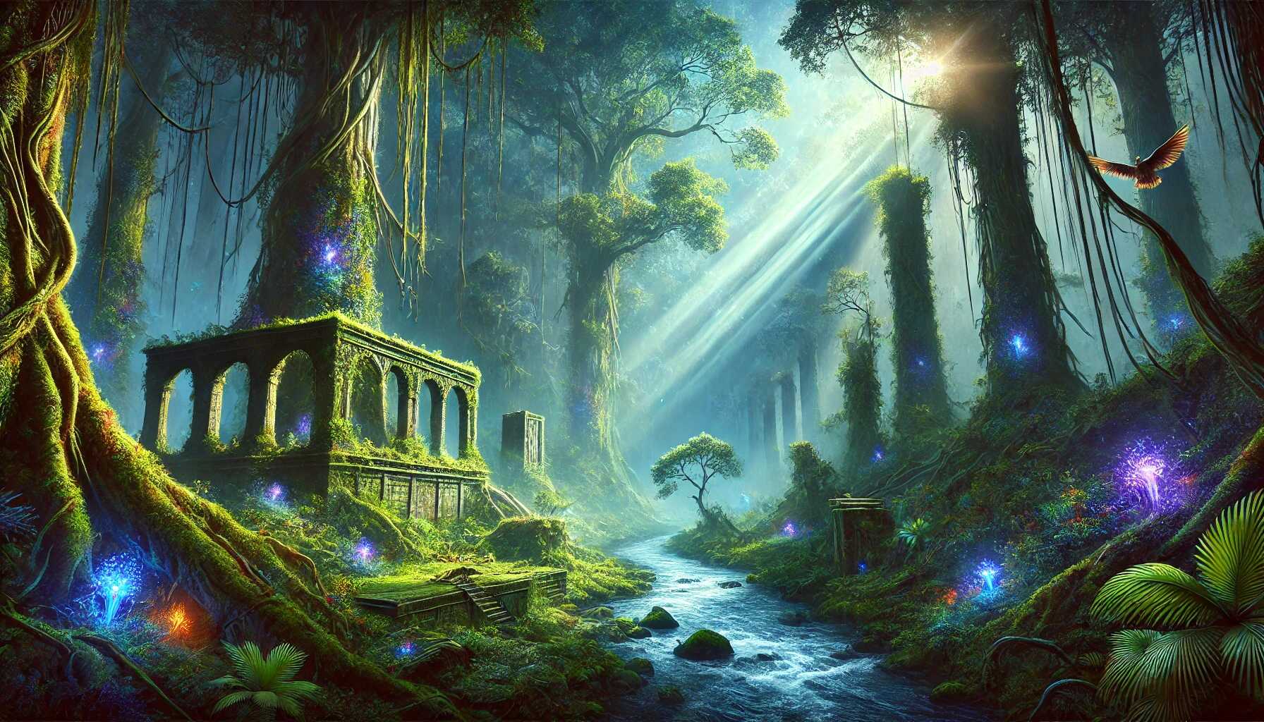 A realistic widescreen scenery image blending the enchanted forests of World of Warcraft with the Amazon Rainforest in Peru. The scene features dense, towering trees, glowing ethereal plants, a winding river, and ruins that merge Night Elf and Amazonian architectural elements. The atmosphere is vibrant and mysterious, with light filtering through the jungle canopy. Image inspired by "World of Warcraft: Stormrage." Keywords: World of Warcraft, Amazon Rainforest, Night Elf, mystical forest, ancient ruins, image generation. Generated by Generative AI Lab - https://generativeailab.org.