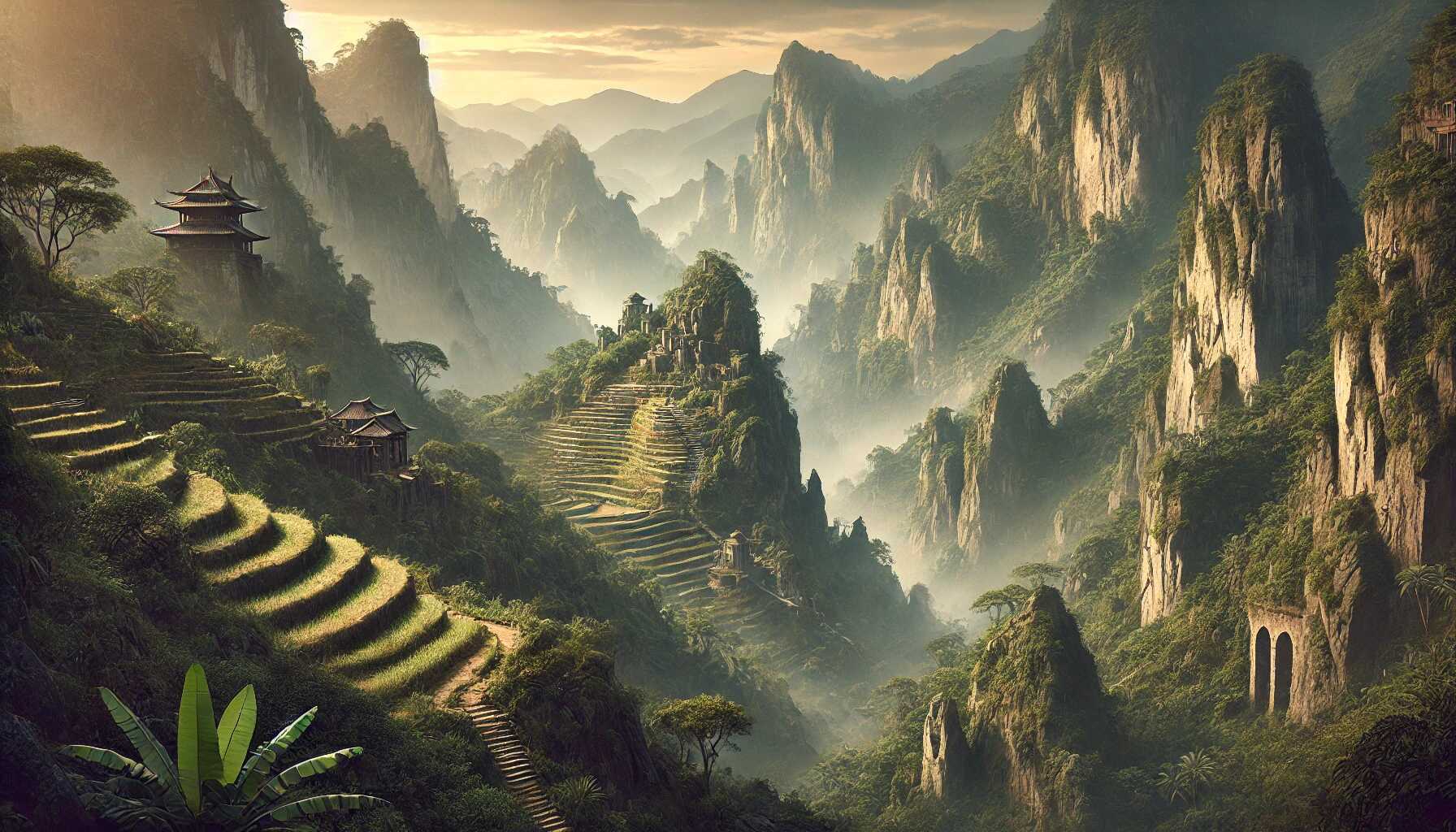 A realistic widescreen scenery image blending Pandaria from World of Warcraft with the Peruvian Andes. The scene features steep cliffs, terraced fields, dense jungle, and a hidden monastery with ancient stone structures combining Pandaren and Incan designs. The color palette includes earthy greens, browns, golds, and grays. Generated by Generative AI Lab - https://generativeailab.org.