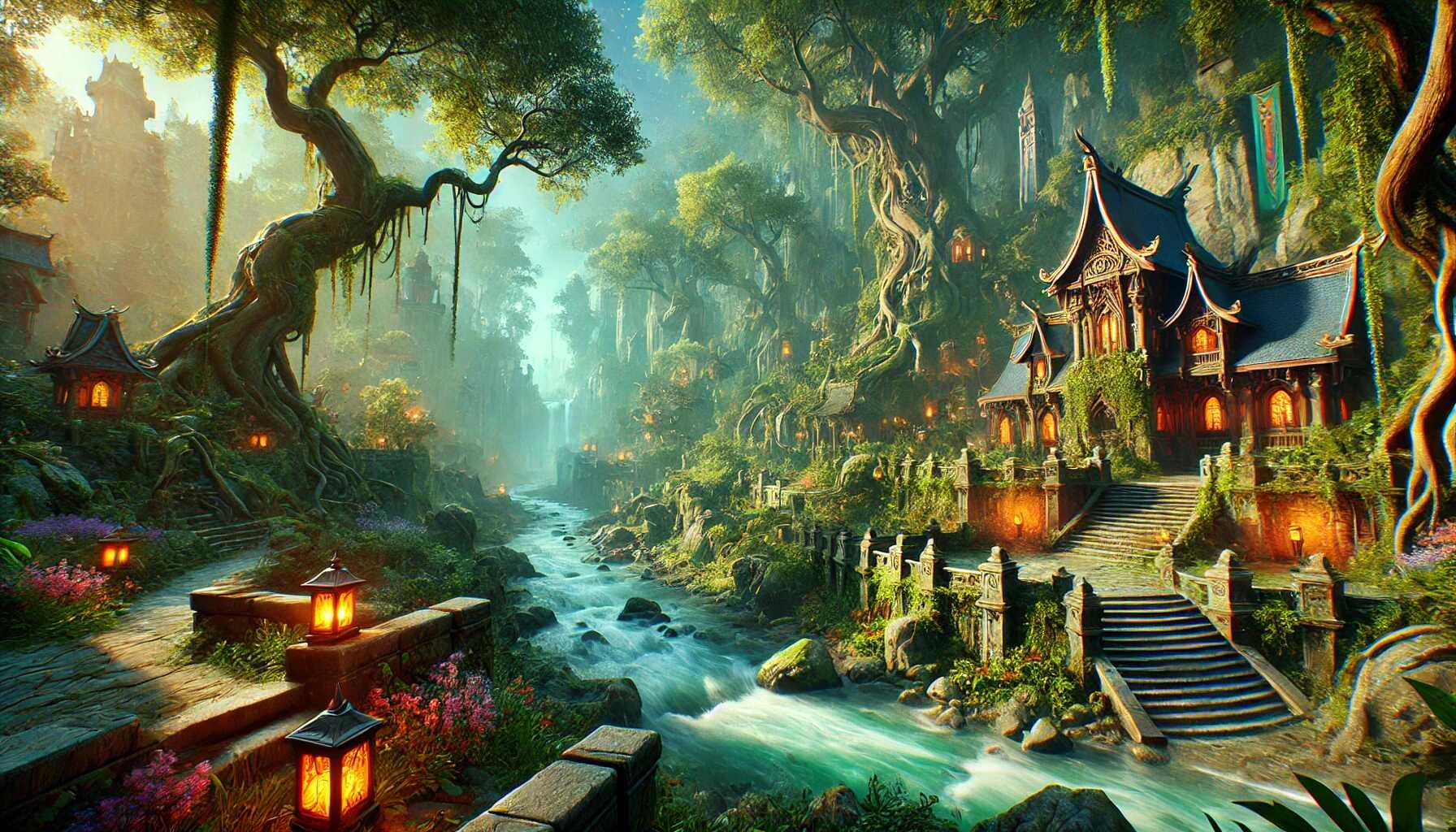 Realistic image of a mystical forest in World of Warcraft, featuring towering trees, flowing rivers, and ancient elven-inspired architecture with glowing lanterns and intricate stone pathways. The scene captures the tranquil and magical essence of a fantastical world. Image generated by Generative AI Lab - https://generativeailab.org/. This image is used for the best books on generative AI article by Roberto Iriondo on Generative AI Lab.