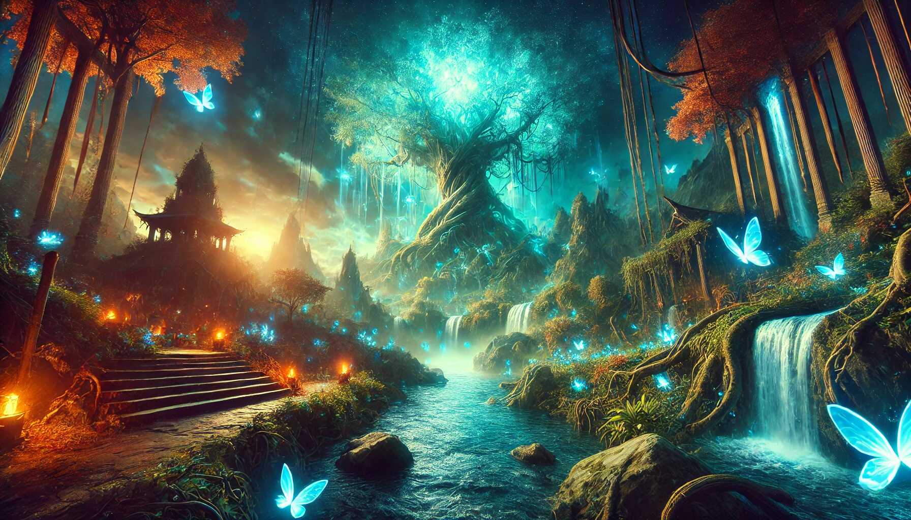 Text: Realistic image blending mystical elements from World of Warcraft, such as glowing trees and ethereal light, with the rich biodiversity of the Amazon Rainforest in Peru. The scene captures a seamless mix of fantasy and reality, evoking a sense of mystery and natural wonder. Image generated by Generative AI Lab - https://generativeailab.org/. Image used for: The Threat of Model Collapse in AI: A Deep Dive into Recursively Generated Data