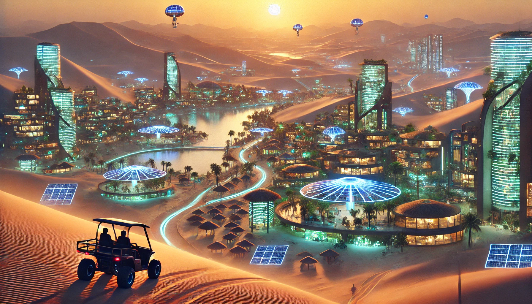 A futuristic view of Huacachina in Peru. This image combines the iconic desert oasis of Huacachina with futuristic elements, creating a striking contrast between the natural setting and advanced innovation. Created with image generation via DALL-E by Roberto Iriondo