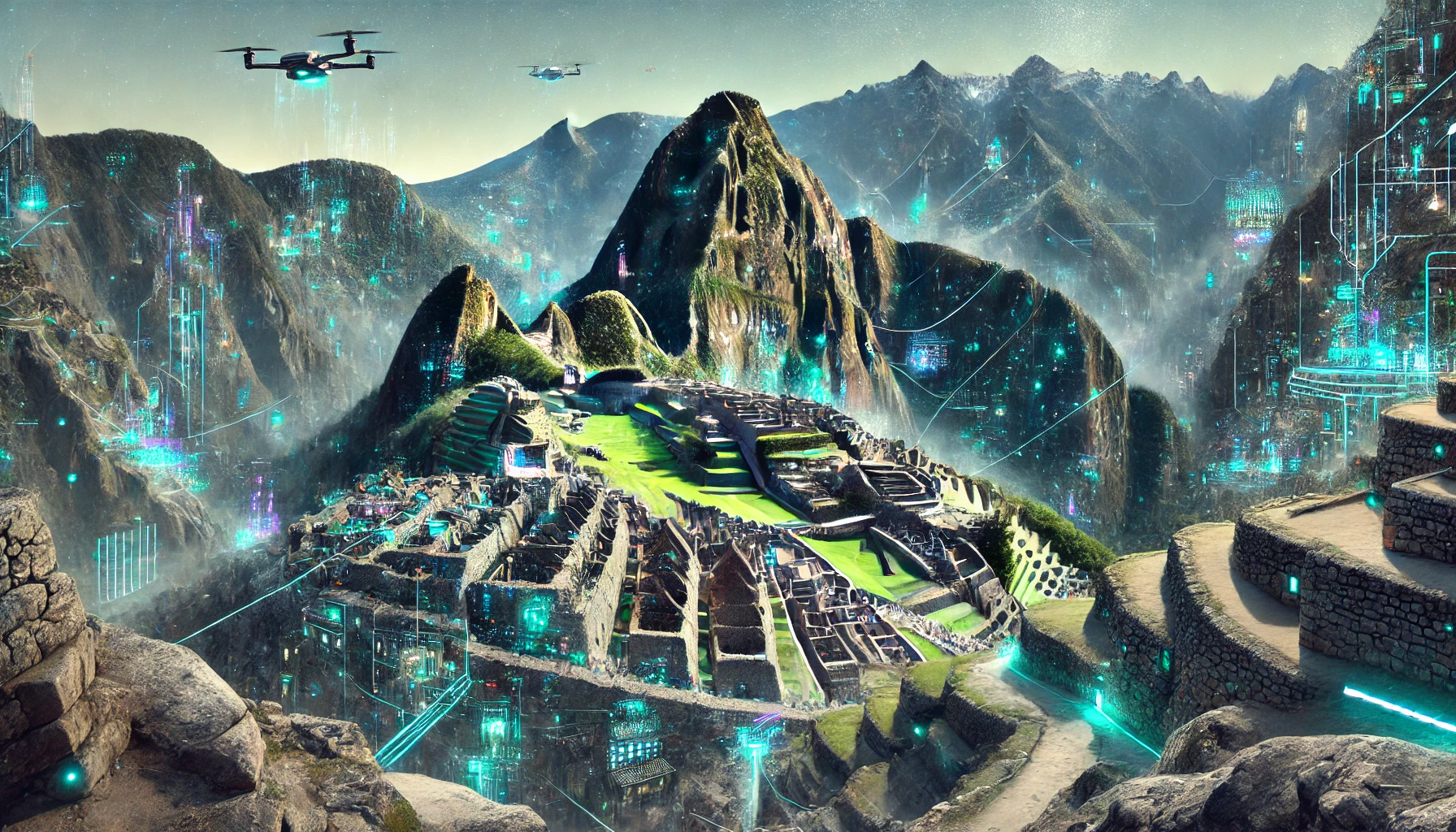 Create a futuristic but realistic scenery image of Machu Picchu in Peru, in 1920x1080 resolution. The scene should blend the ancient Incan ruins with futuristic elements like advanced architectural structures integrated into the mountainside, neon-lit pathways, and high-tech transport systems. Include features like solar-powered drones and holographic displays highlighting the ruins. Use a color palette of natural stone colors and greens mixed with vibrant neon accents to create a striking contrast. The composition should evoke a sense of historical depth and futuristic innovation, suitable for a widescreen display, with no text or letters included.