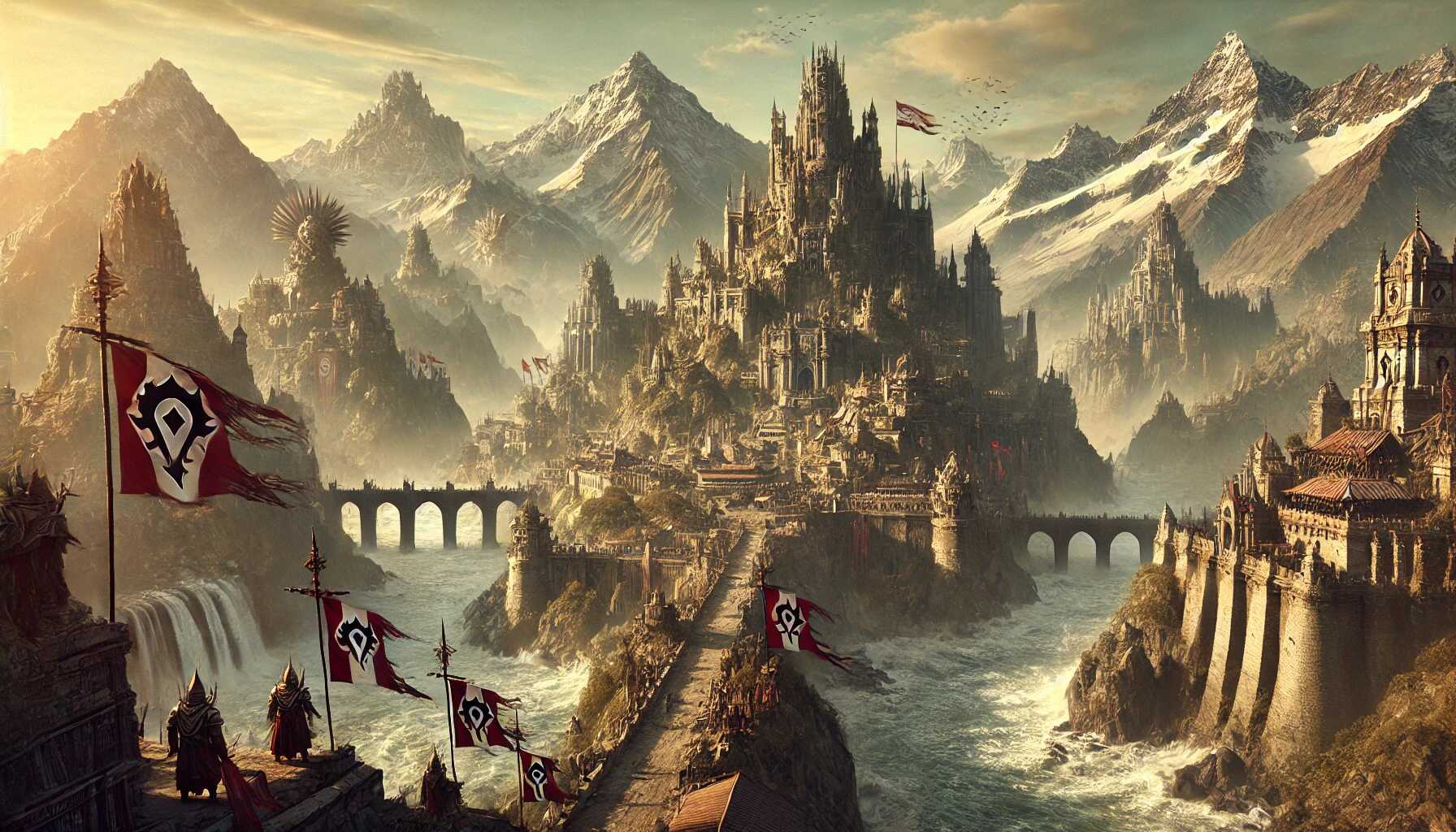 Realistic image blending elements from World of Warcraft, such as orcish fortresses, rugged landscapes, and imposing war banners, with the rugged Andes mountains in Peru. The scene evokes a sense of epic battles and ancient power, merging the fantasy world of Azeroth with the dramatic natural beauty of Peru. Image generated by Generative AI Lab - https://generativeailab.org/.