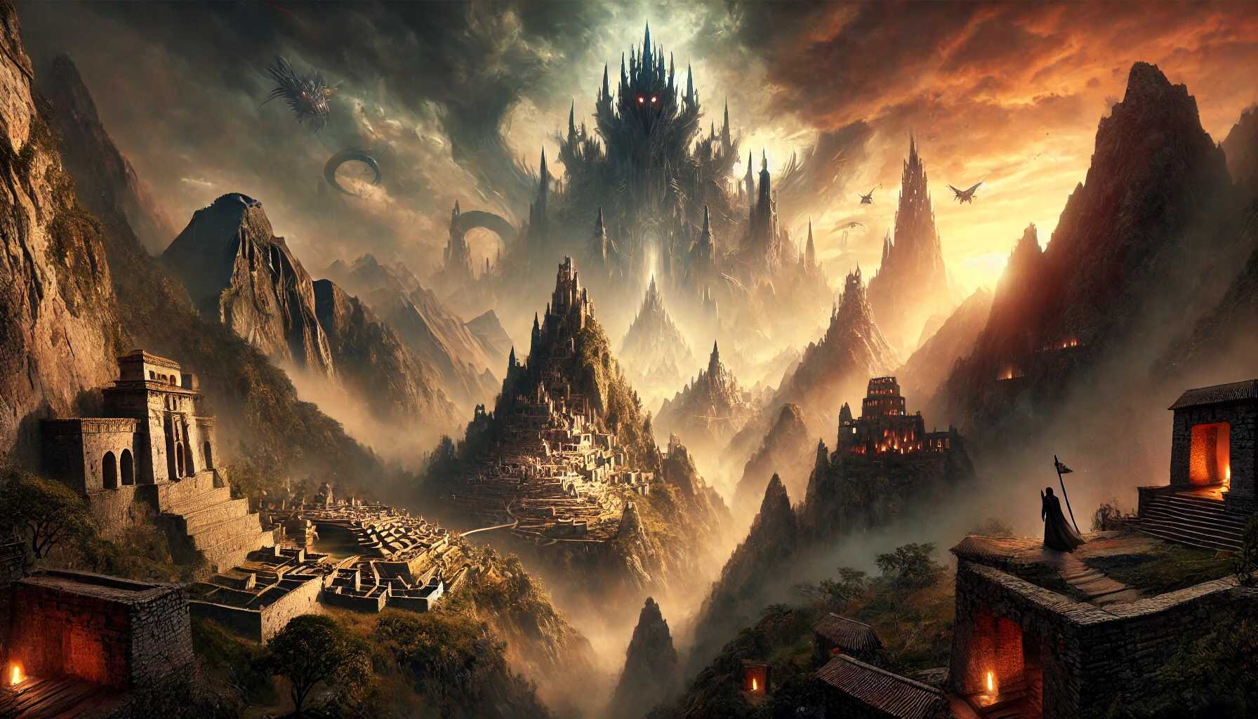 Realistic image blending elements of ancient magic, dark forests, and mystical towers from World of Warcraft with the ancient ruins of Choquequirao in Peru. The scene evokes a sense of looming threats and the clash between light and darkness, merging fantasy with reality. Image generated by Generative AI Lab - https://generativeailab.org/.