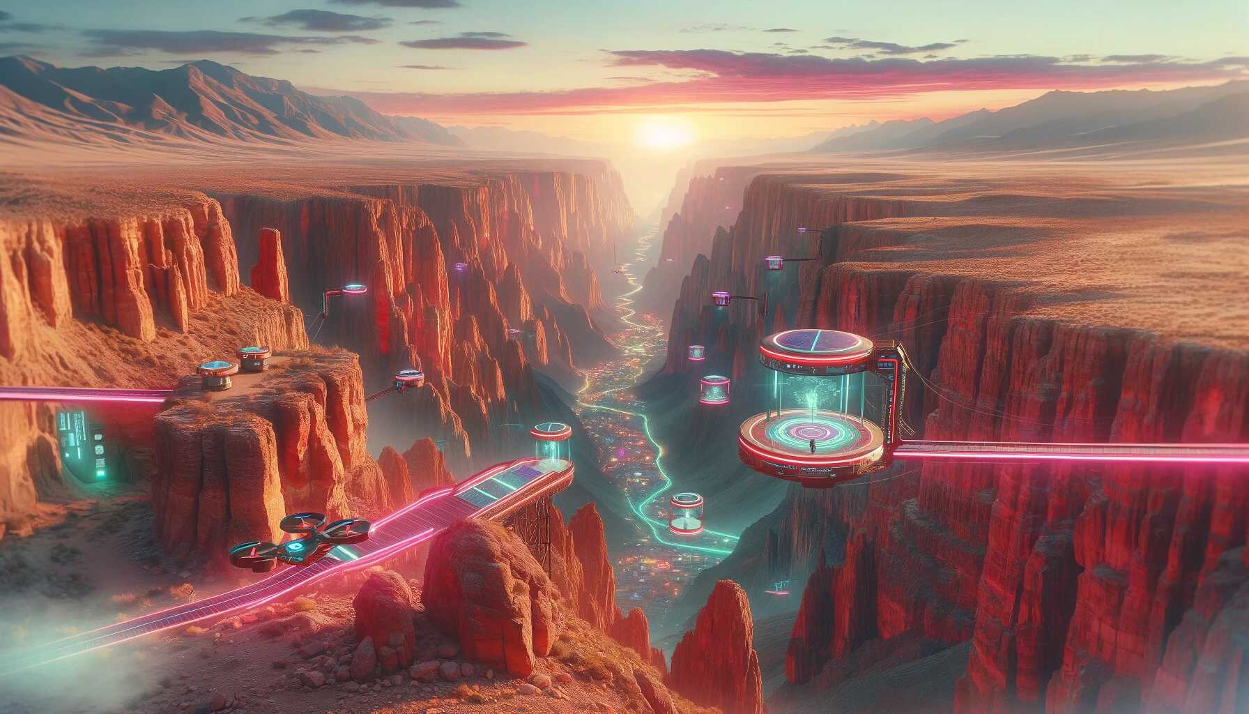 A futuristic but realistic scenery of Tinajani Canyon in Peru, featuring neon-lit pathways, advanced observation platforms, and high-tech shelters set against natural red rock formations and expansive desert landscape. Article: Serve Multiple LoRA Adapters with vLLM