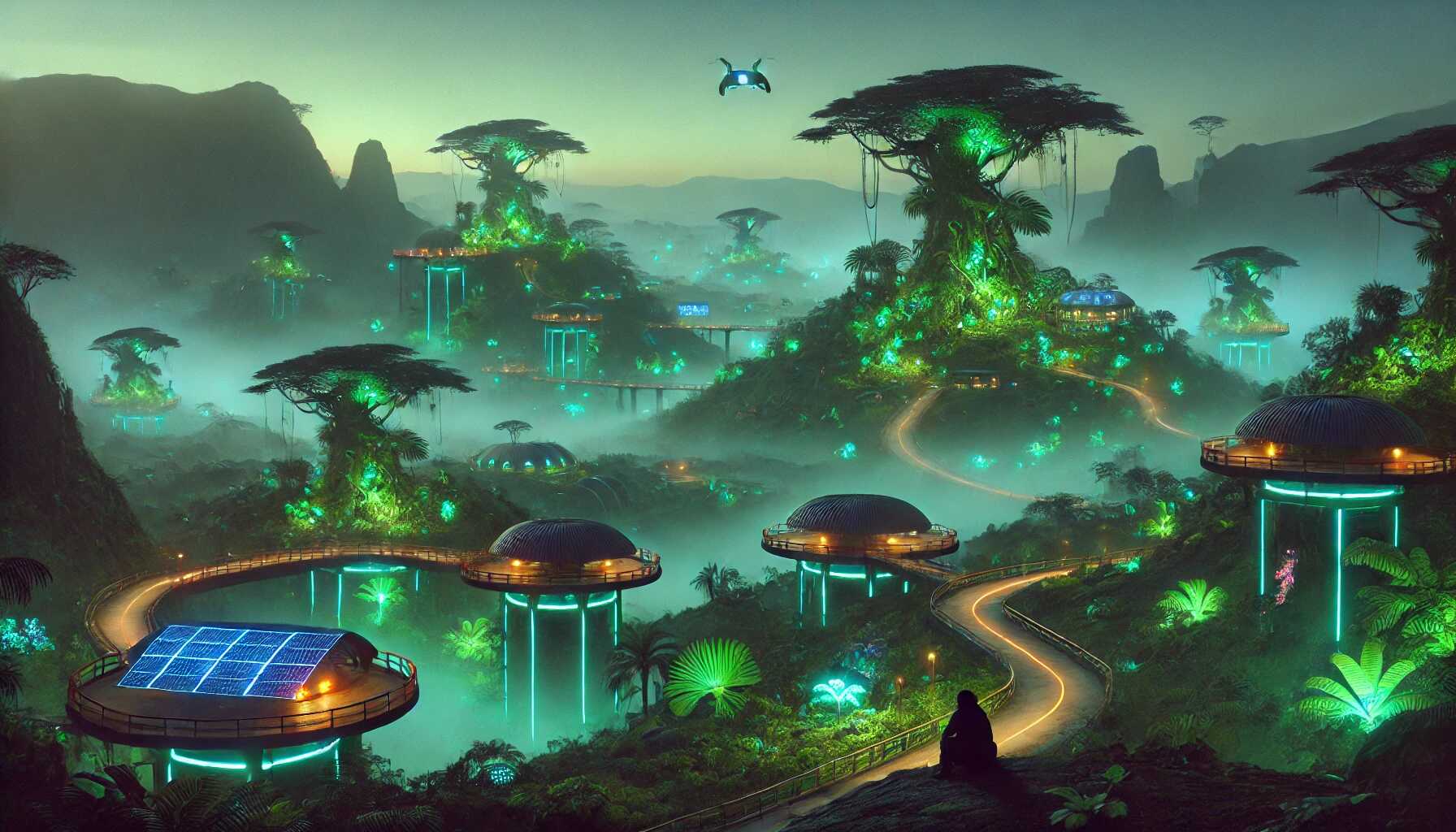 A futuristic and realistic scenery of Lomas de Lachay in Peru, featuring neon-lit pathways, advanced observation platforms, and bioluminescent plants amidst lush greenery and hilly terrain.