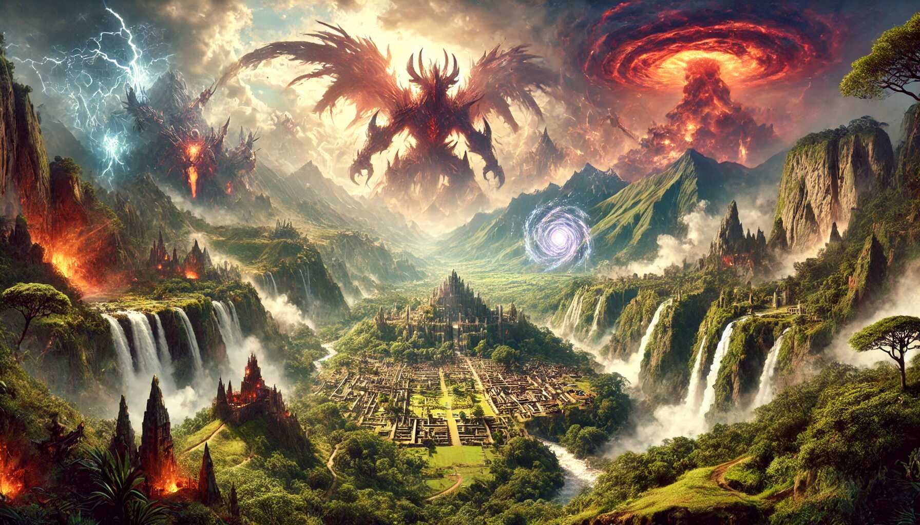 A realistic scenery image blending the forests of Kalimdor from World of Warcraft with the Sacred Valley of the Incas in Peru, inspired by the book "WarCraft: War of The Ancients # 3: The Sundering." The image evokes an epic, mystical atmosphere. Generated by Generative AI Lab - https://generativeailab.org/.