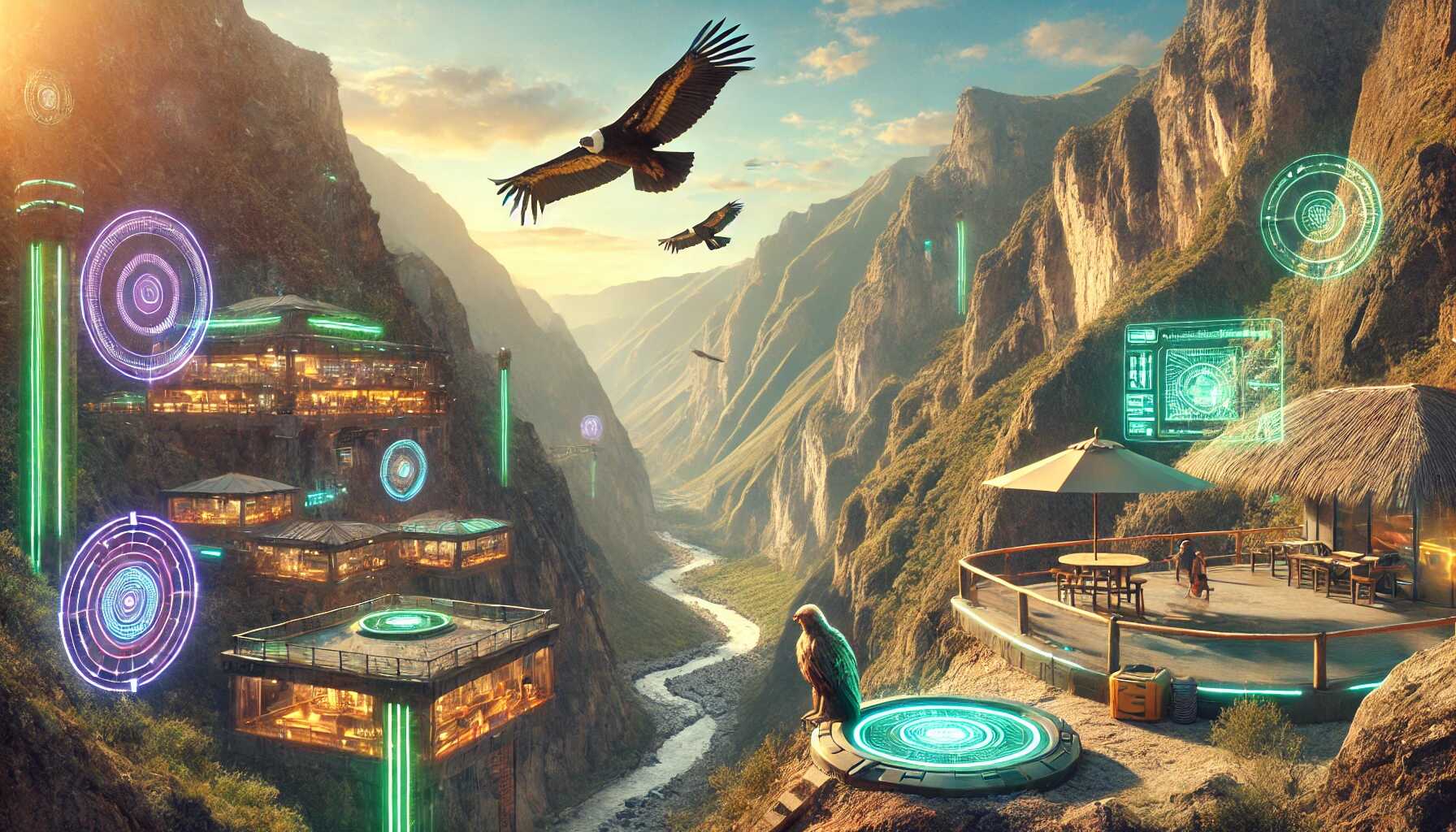 Futuristic and realistic scenery of Quebrada de los Cóndores in Peru, featuring neon-lit pathways, advanced observation platforms, and holographic displays amidst a rugged canyon landscape with soaring condors.