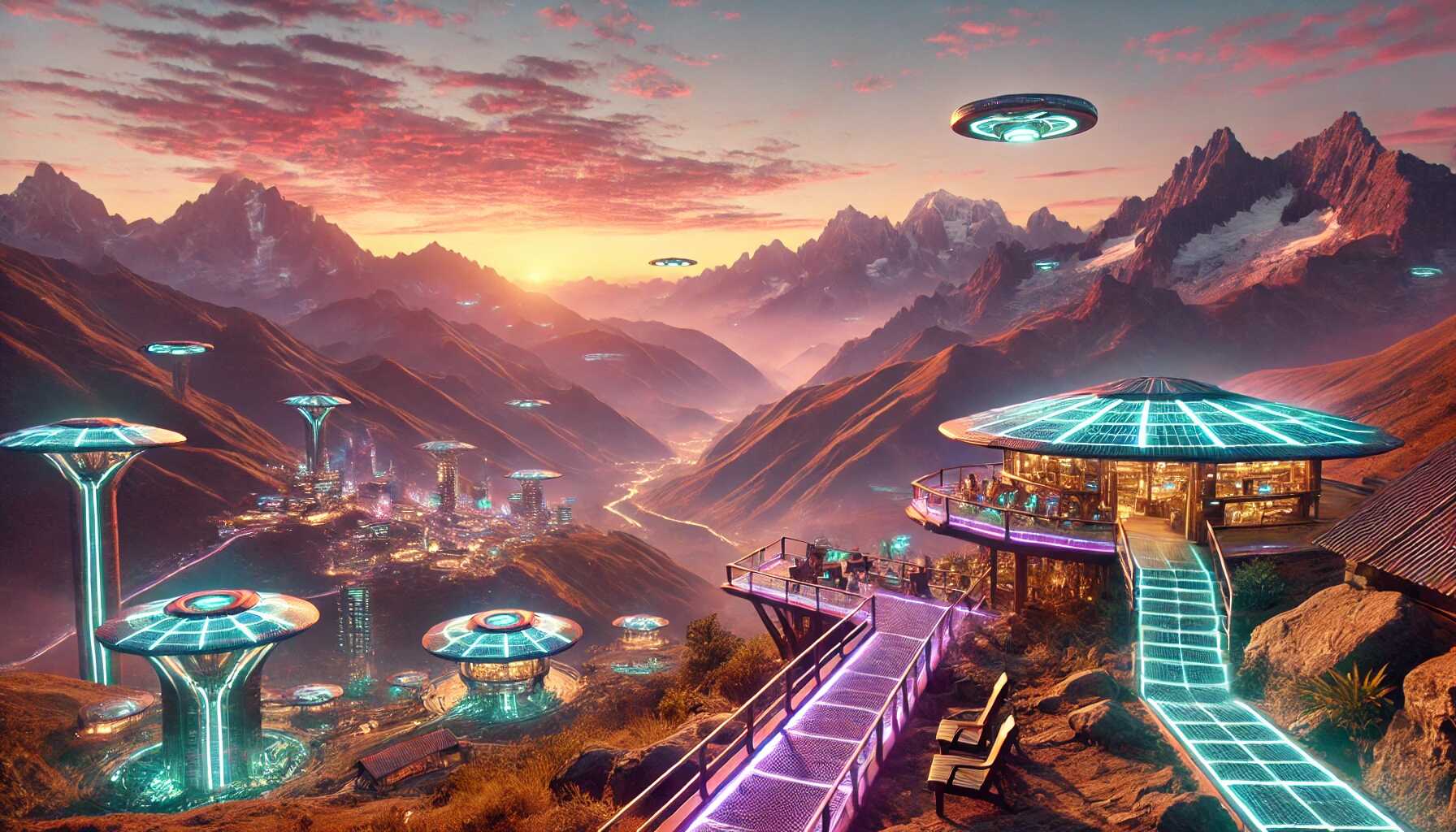 Futuristic and realistic scenery of Tres Cruces de Oro in Peru, featuring neon-lit pathways, advanced observation platforms, and high-tech eco-friendly lodges amidst breathtaking sunrise views and rugged mountain terrain.