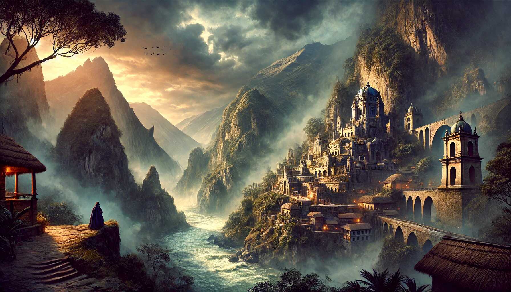 A realistic scenery image blending elements from a random place in World of Warcraft and a random place in Peru. The scene captures the epic and dramatic atmosphere inspired by the book "Tides of Darkness" by Aaron Rosenberg, part of the World of Warcraft series. The image features a mix of fantasy elements reminiscent of World of Warcraft with the natural, cultural, and architectural beauty of a place in Peru, creating a unique and immersive visual experience. This image was generated by Generative AI Lab - https://generativeailab.org.