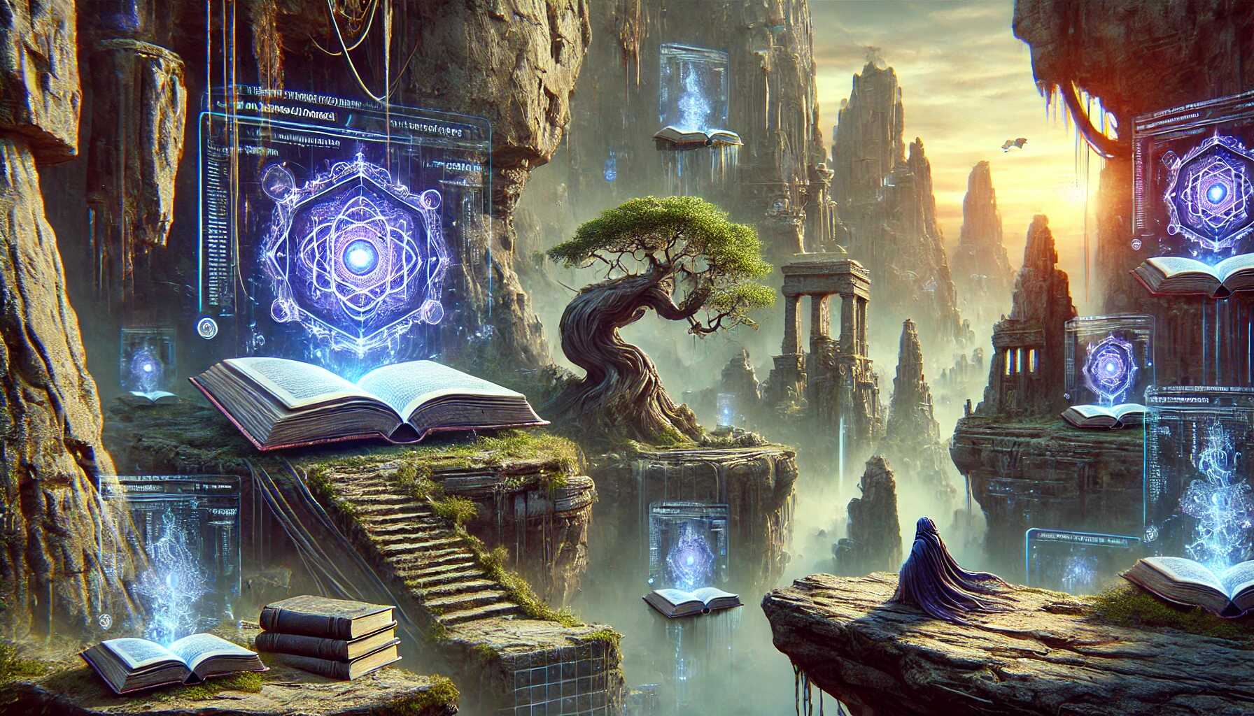 A realistic widescreen scenery image blending a mystical location from World of Warcraft with machine learning books and the Marcahuasi stone forest in Peru. The image features unusual rock formations, ancient structures, floating holographic books, and digital patterns. Prompt used: 