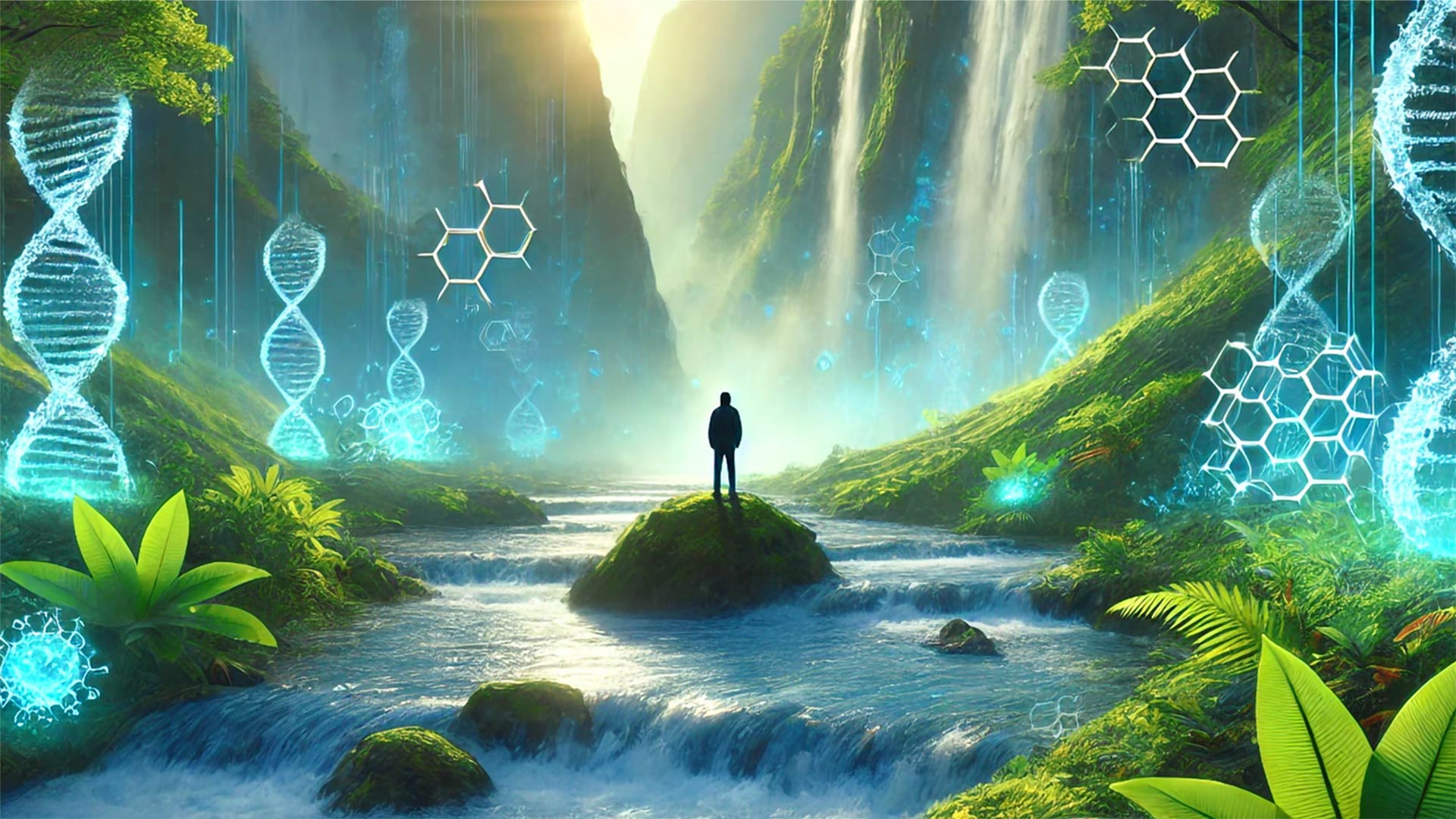 A vibrant and realistic widescreen image inspired by artificial intelligence, biology, and the Gocta Waterfalls. The scene features a person standing in the middle, looking toward the horizon, surrounded by lush greenery with enhanced vibrancy using HEX color #00c853 from GenBio AI and cascading waterfalls under a misty backdrop. Transparent glowing DNA and RNA structures encircle the person, subtly blending with the environment to evoke a sense of mystery and harmony. The blues are more vibrant, creating a dynamic yet serene connection between nature and advanced technology.